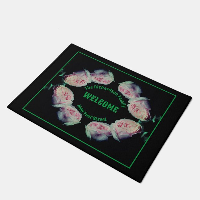 Pink Roses Pair Abstract Personalised Doormat (Angled)