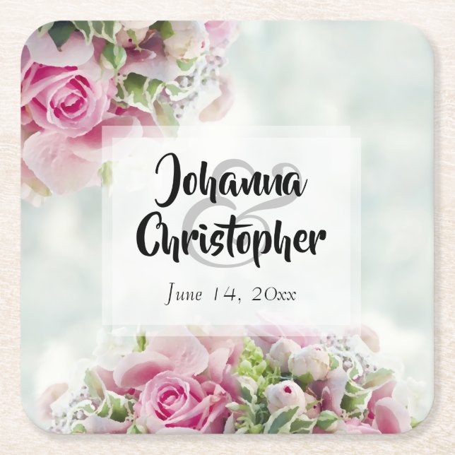 Pink Roses Paper Wedding Coaster (Front)