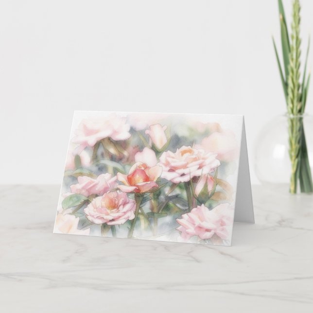 Pink Roses Pastel Watercolor Art Note Card (Front)