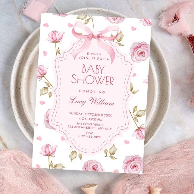 Pink roses pattern bow baby shower invitation (Creator Uploaded)