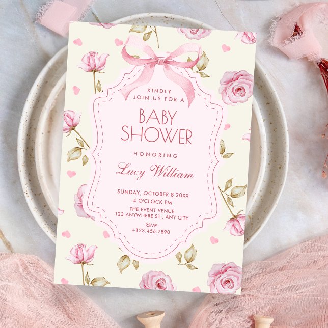 Pink roses pattern bow baby shower invitation (Creator Uploaded)