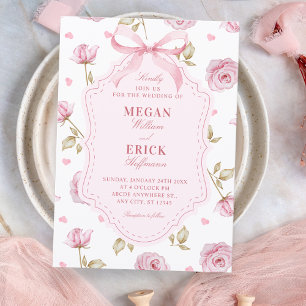 Pink roses pattern bow wedding invitation