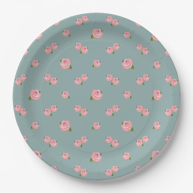 Pink Roses Pattern on Light Teal Paper Plate (Front)