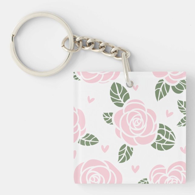 Pink Roses Pattern with Green Leaves and Hearts Key Ring (Front)