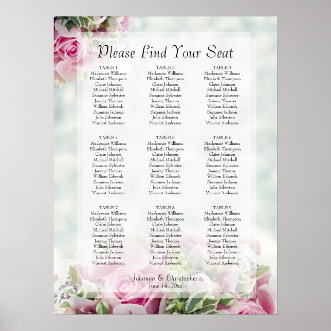 Pink Roses & Peonies 9 Table Wedding Seating Chart (Front)