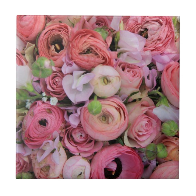 pink roses & peonies by Therosegarden Ceramic Tile (Front)