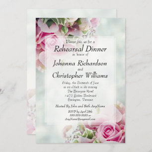Pink Roses & Peonies Chic Wedding Rehearsal Dinner Invitation