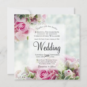 Pink Roses & Peony Buds Elegant Floral Wedding Invitation