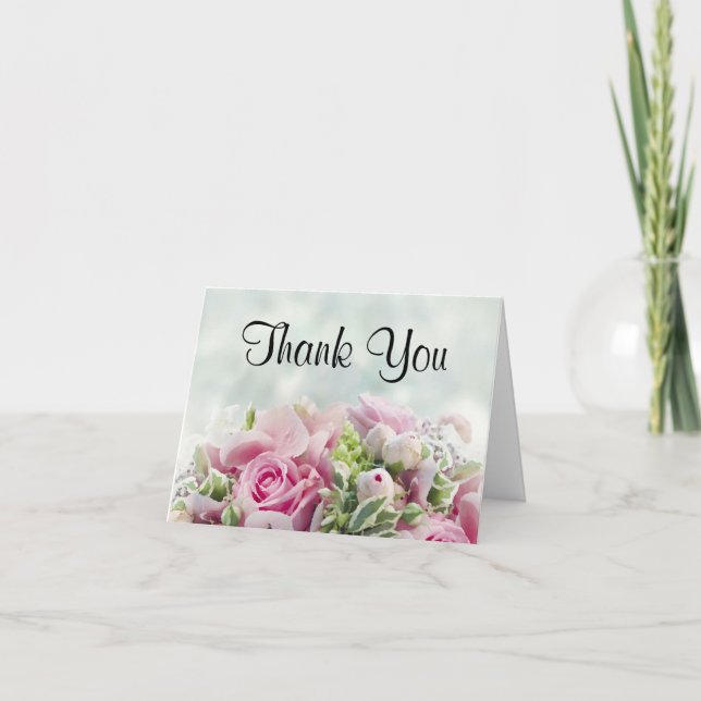Pink Roses & Peony Buds Elegant Simple Thank You C Card (Front)