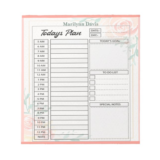 Pink roses personalised day plan notepad (Front)