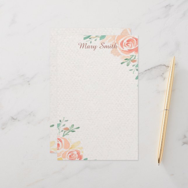 Pink roses personalised  stationery (Front/Back In Situ)