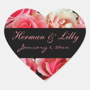 Pink Roses Personalised Wedding Heart Sticker