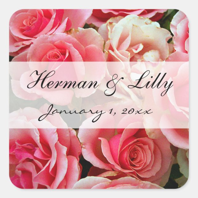 Pink Roses Personalised Wedding Square Sticker (Front)