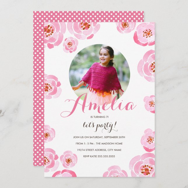 Pink Roses Photo Birthday Invite (Front/Back)