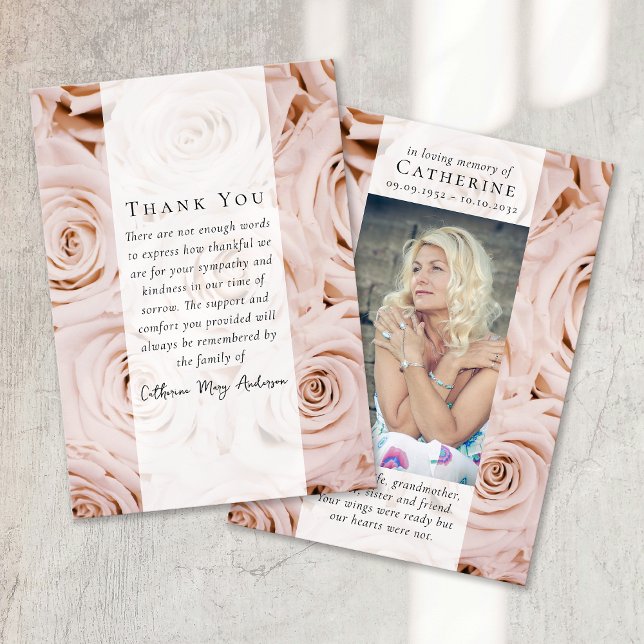 Pink Roses Photo Sympathy Funeral Memorial Thank You Card (Creator Uploaded)