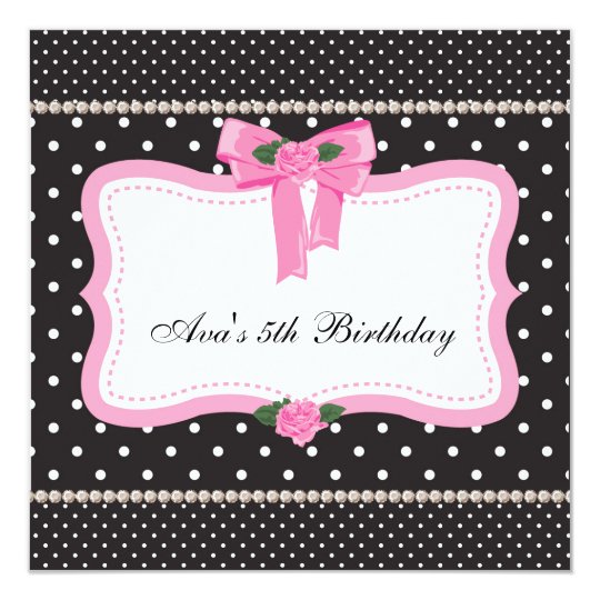 Pink Roses Pink Black Girls 5th Birthday Party Card