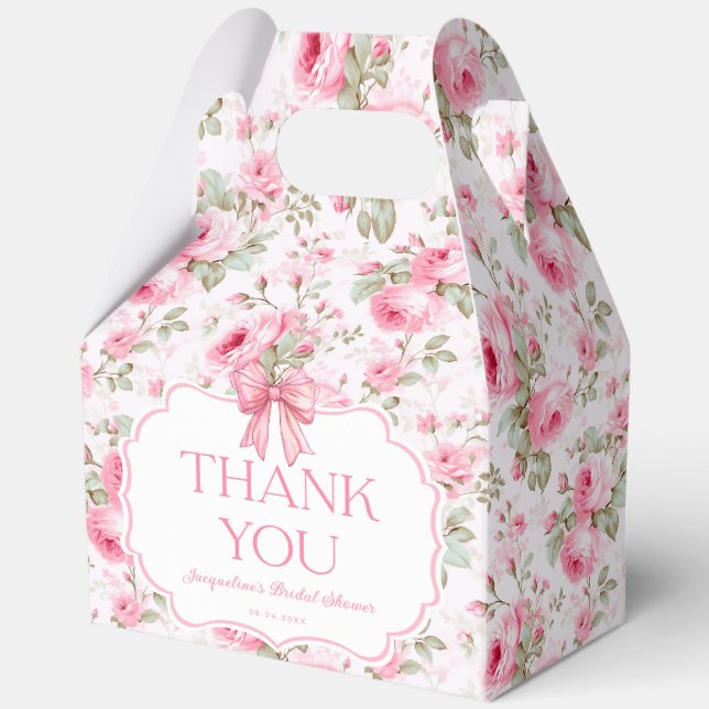 Pink Roses Pink Bow Bridal Shower Thank You Favour Box (Front)