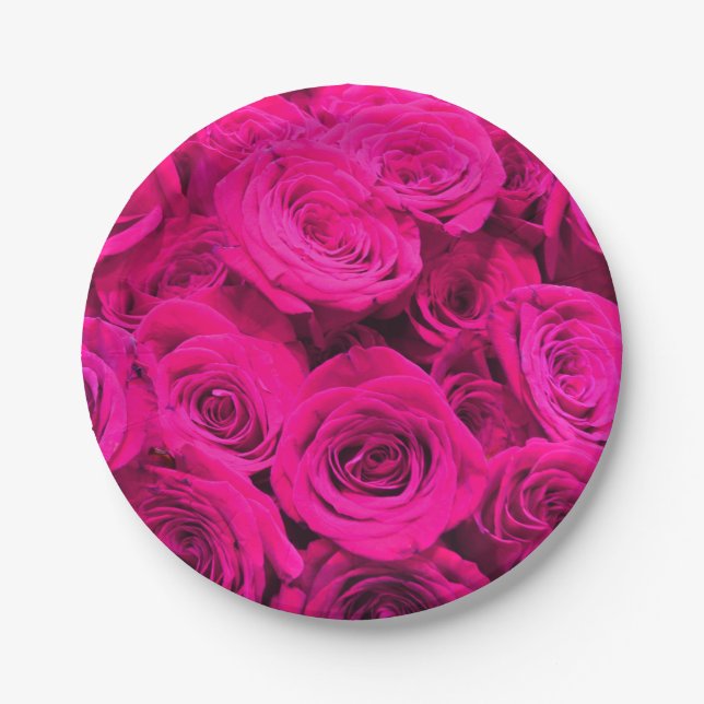 Pink roses pink flowers pink floral paper plate (Front)