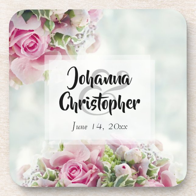 Pink Roses Plastic Wedding Coaster (Front)