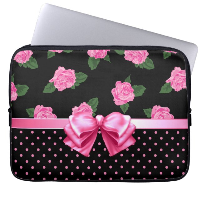 Pink Roses & Polka Dots Laptop Sleeve (Front)