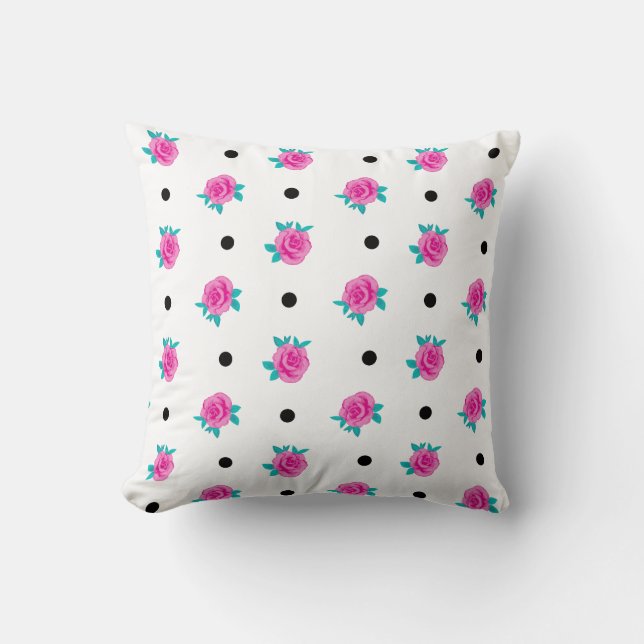 Pink Roses & Polka Dots – Whimsy Home Patterned Cushion (Front)