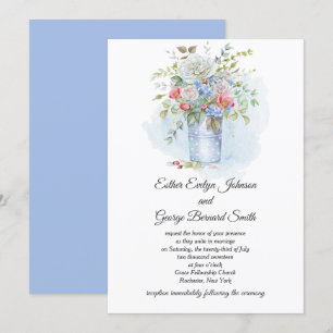 Pink Roses Poppies Blue Flowers Bouquet Wedding   Invitation