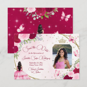 Pink Roses Princess Butterfly & Photo Quinceanera Save The Date