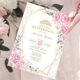 Pink Roses Princess Quinceañera Gold Geometric Invitation