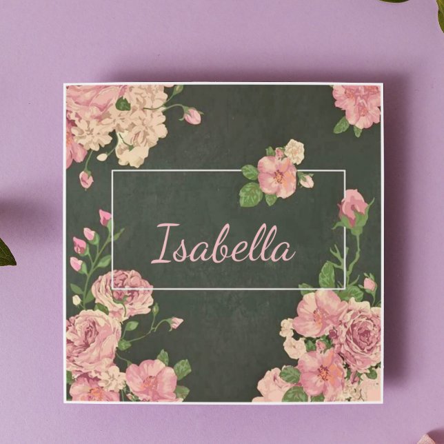 Pink Roses Print, personalised name Ceramic Tile (Creator Uploaded)