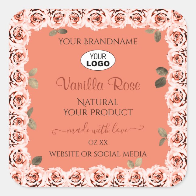 Pink Roses Product Labels Salmon Background Logo (Front)