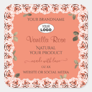 Pink Roses Product Labels Salmon Background Logo