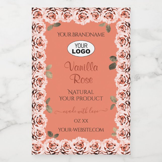 Pink Roses Product Labels Salmon Background Logo (Single Label)