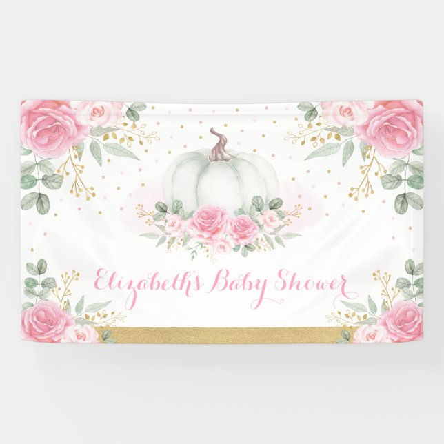 Pink Roses Pumpkin Fall Autumn Girl Baby Shower Banner (Horizontal)
