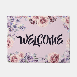 Pink Roses Purple Flowers Border Welcome Door Mat