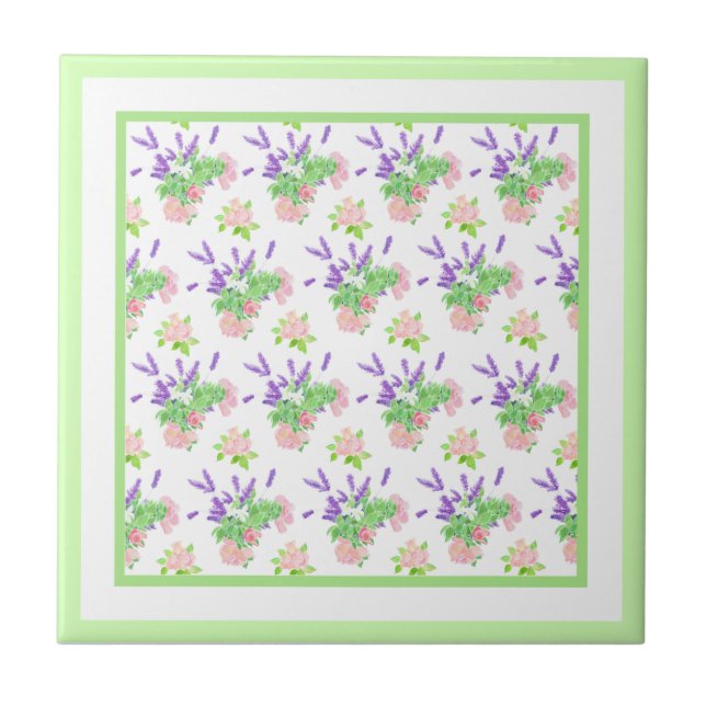 Pink Roses, Purple Lavender, Mock Orange Blossom Ceramic Tile (Front)