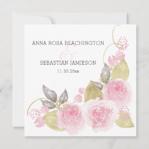 *~* Pink Roses QR - RSVP Gold Floral AR15 Wedding Invitation