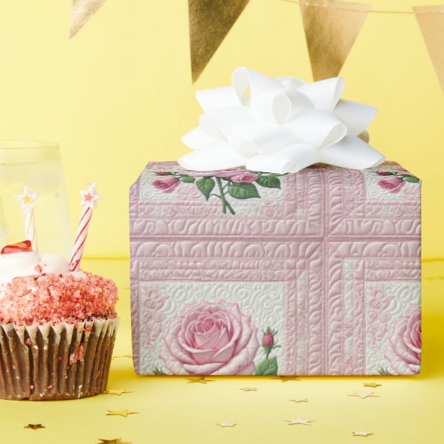 Pink Roses Quilt Wrapping Paper (Birthday Party)