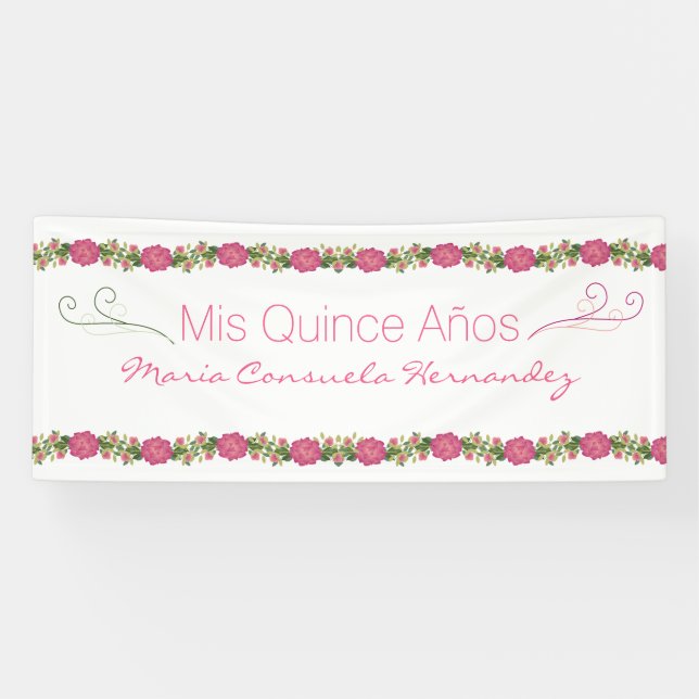 Pink Roses Quinceanera Banner (Horizontal)