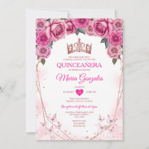Pink Roses Quinceañera Crown Butterfly 15 Anos Invitation
