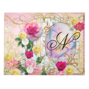 Pink Roses Rainbow Butterfly Gold Decor Monogram Notepad