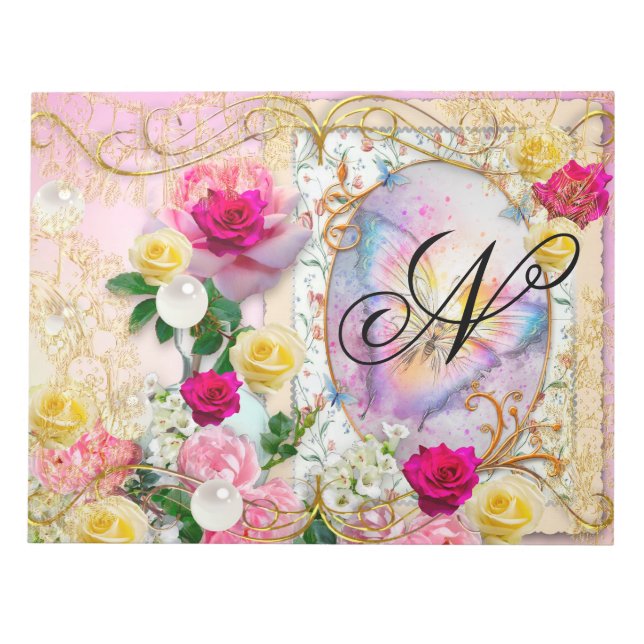 Pink Roses Rainbow Butterfly Gold Decor Monogram  Notepad (Front)