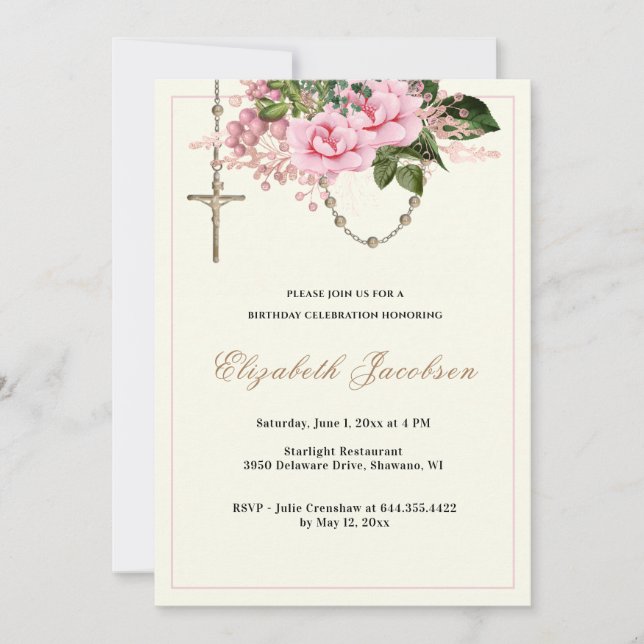 Pink Roses Religious Rosary Birthday Floral  Invitation (Front)