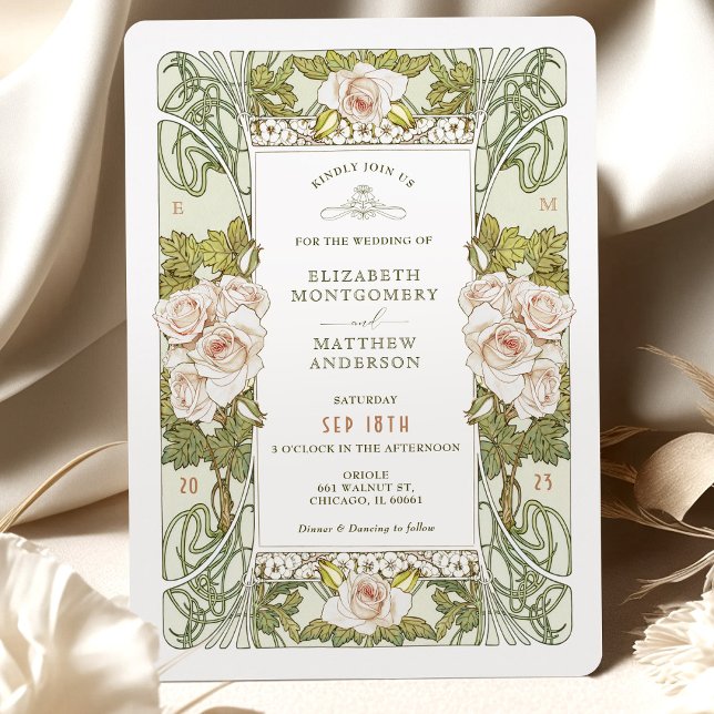 Pink Roses Romantic Art Nouveau Wedding Invitation (Creator Uploaded)