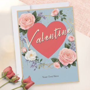 Pink Roses Romantic Heart Valentine's Day Holiday Card