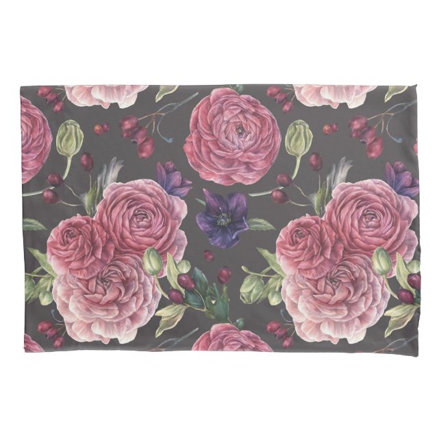 Pink Roses Romantic On Grey Pattern Pillowcase (Front)