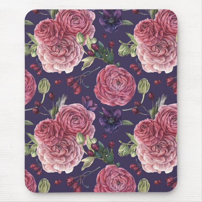 Pink Roses Romantic On Purple Pattern Mouse Pad (Front)