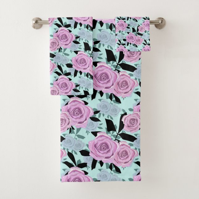  pink roses, roses , turquoise background   bath towel set (Insitu)