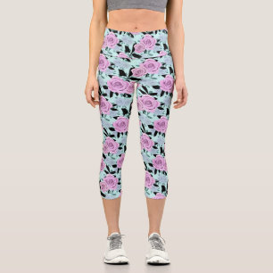 pink roses, roses , turquoise background capri leggings