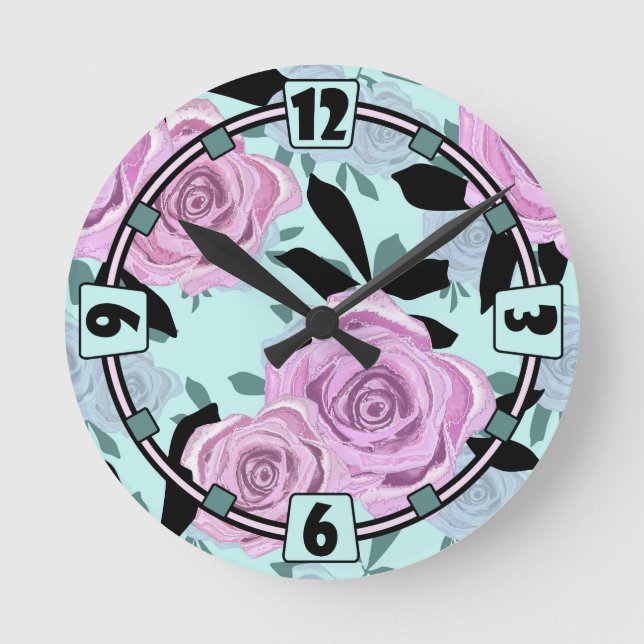  pink roses, roses , turquoise background  round clock (Front)