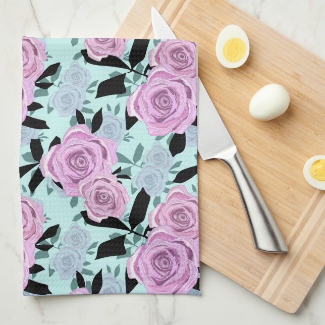  pink roses, roses , turquoise background   tea towel (Quarter Fold)